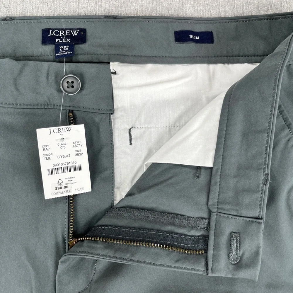 New J.Crew Tech Pant Mens 35x32 Gray Slim Fit Flex Performance Chino AA712